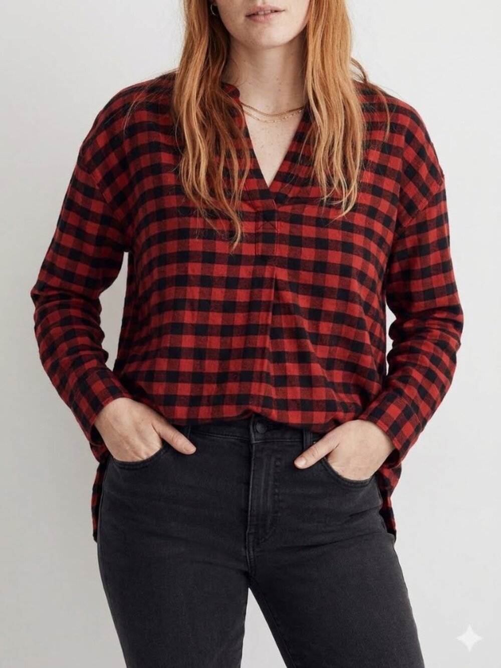 Madewell Red Black Buffalo Plaid V-Neck Oversized Cabincore Popover Tunic 3803